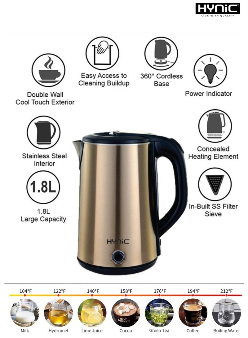 Hynic Double Wall Electric Kettle 1.8L | 1500W Fast Boiling Tea Kettle with 100% Stainless Steel Interior | Precise Temperature Control | Cool Touch Exterior | Cordless 360° Base & Auto Shut-Off | 2 Year Warranty - Image 3